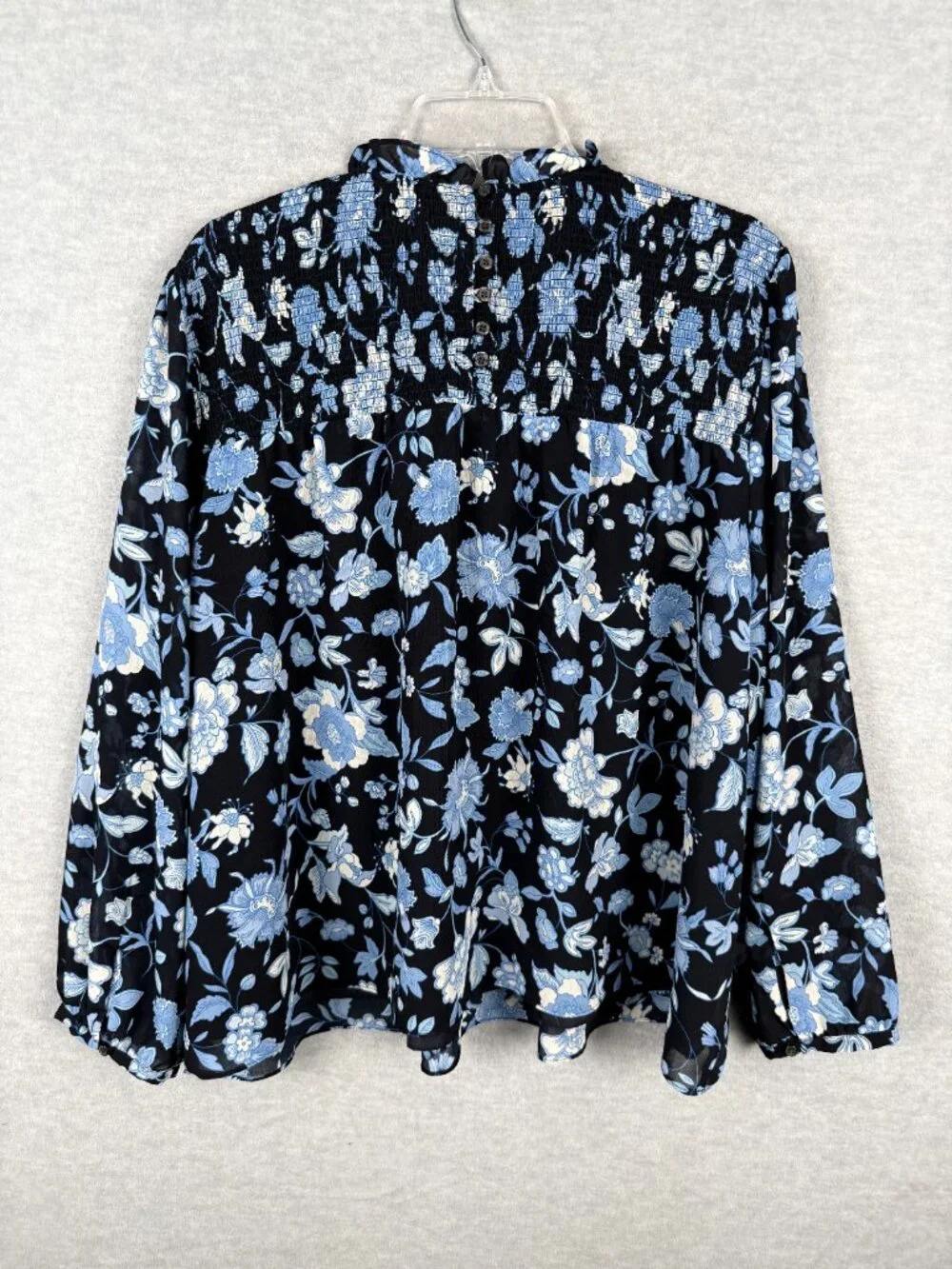 J Crew 3X Smocked Ruffle Neck Chiffon Popover Top Midnight Blue Floral Blouse - Picture 6 of 14